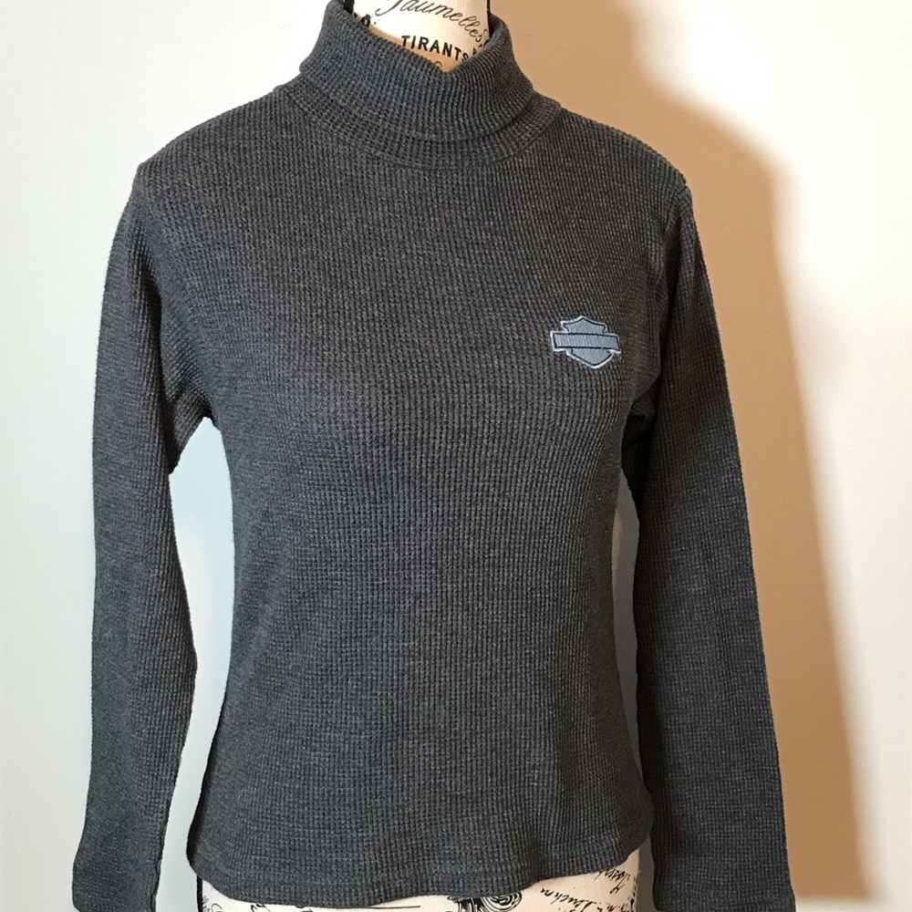 VINTAGE HARLEY DAVIDSON EMBROIDERED LADIES LONG SLEEVE CHARCOAL GREY THERMAL